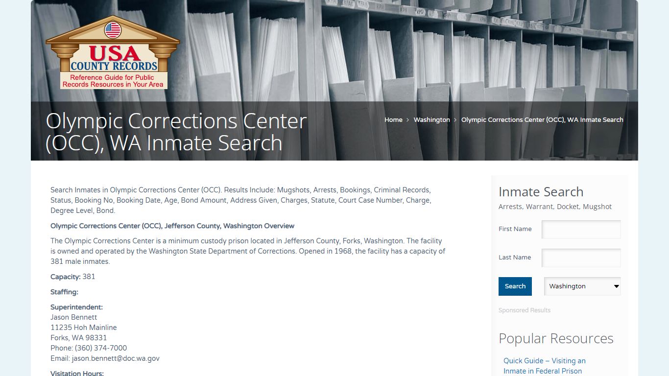 Olympic Corrections Center (OCC), WA Inmate Search | Name ...